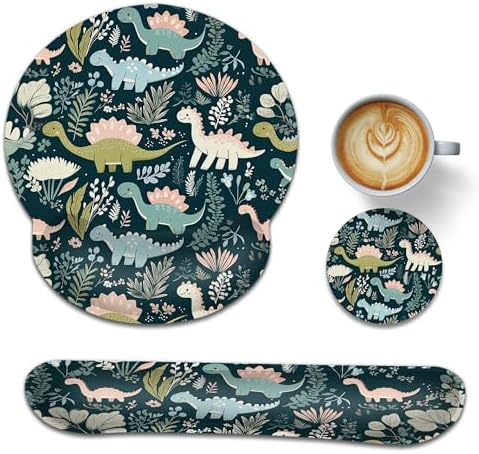 Cute Dinosaur Ergonomic Keyboard and Mouse Wrist Rest Set, Flower Mouse Pad with Non Slip Base, Soft Cloth Surface for Office and Home Typing Support