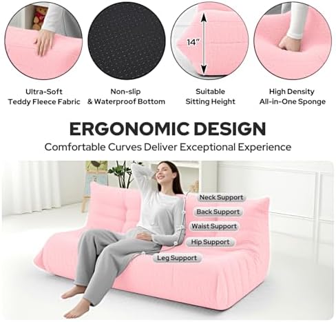 HABUTWAY Bean Bag Chairs Fireside Lazy Floor Sofa,3 Seater,Pink