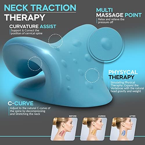 iBWYM Neck Stretcher Cervical Traction Device for Neck and Shoulder Pain Relief, Ergonomic Pillow, Dowager's Hump Corrector, Cervical Spine Alignment, Neck Curve and Posture Corrector (Light Blue)