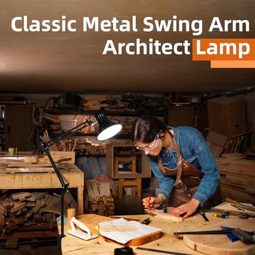 Black Desk Lamp with Clamp, Extra-Tall Adjustable Metal Swing Arm, 3000K