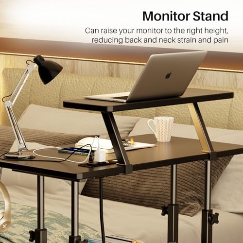 Adjustable Height Standing Desk with Power Outlets, Rolling Stand Up Desk with Monitor Stand and Storage Shelves, 31.5" Small Mobile Computer Desk, Portable Laptop Table (Black with Monitor Stand)