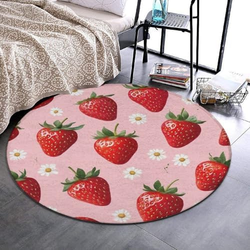 Large Machine Washable Circular Rugs, Home Decor Round Mat for Living Room Sofa Office Daisy Floral Pink Strawberry