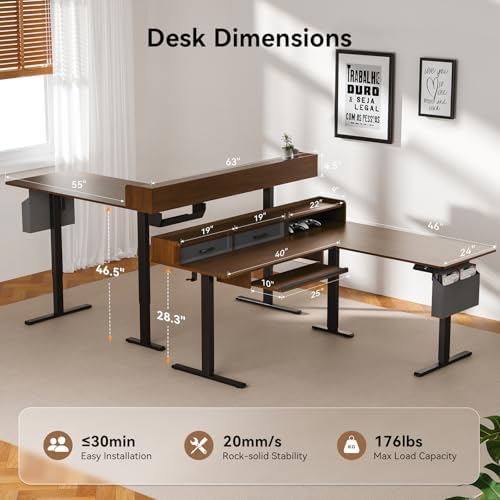 WALKINGDESK 63 Inches Height Adjustable L Shaped Standing Desk with 2 Drawers and Keyboard Tray, Electric Sit to Stand Home Office Comupter Table, Ergonomic Corner Gaming Desk, Black Walnut
