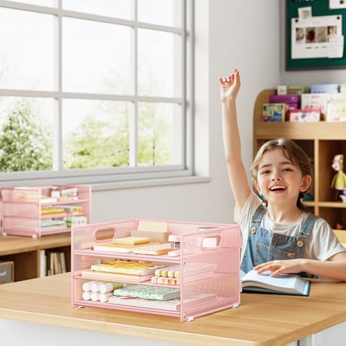 Paper Tray Pink Desk Organizer for Desk,2P-3 Tier Pink File Organization