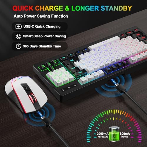 BlueFinger Wireless Gaming Keyboard and Mouse Combo, RGB Rainbow Backlit Rechargeable Battery, 87 Keys TKL Light Up Keyboard with Ergonomic Gaming Mouse for Mac Laptop Computer PC Gamer(Black & White)