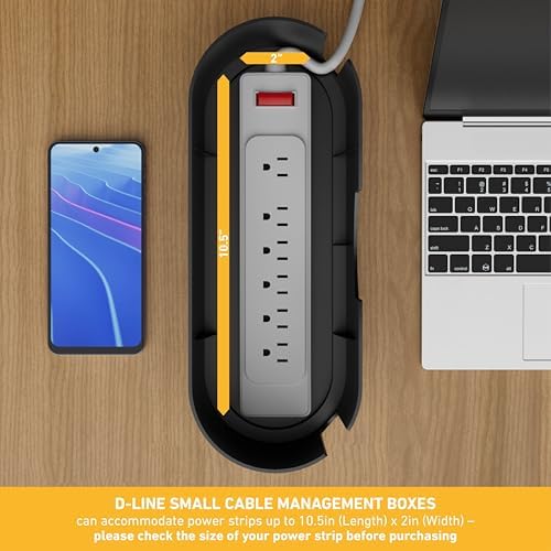 D-Line Cable Management Box, Power Strip Cover, Floor Outlet Hider, Desk Cord Organizer, Hide Extension Leads, 12.75" (L) x 5" (W) x 4.5" (H), for use with Power Strips up to 10.5in (L) - Small, Black