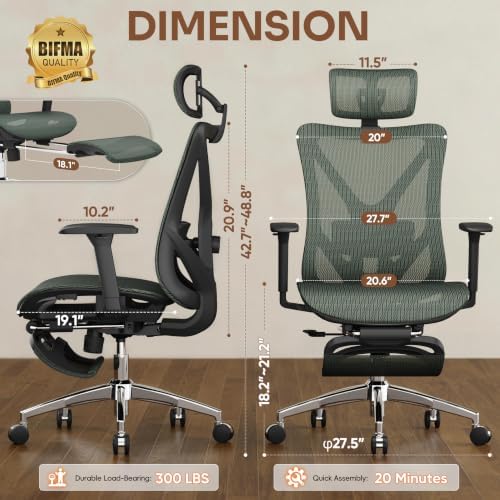 GABRYLLY Ergonomic Office Chair with Adjustable Lumbar Support, 3D Armrests & Headrest, 135° Reclining Chair with Footrest & Large Steel Base,300LBS Swivel Desk Chair(GYMN01-JG)