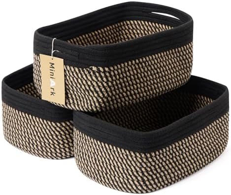 MiniArk Small Storage Baskets for Organizing | Closet Organizer Bins | Shelf Toy Basket | Woven Rope Baskets | Cube Decorative Box | Shallow Basket | 13x8.5x5.1” | 3 Packs Black Brown