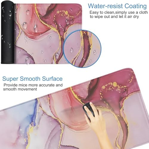 Extra Large Mouse Pad, Waterproof Mousepad with Stitched Edges, Marble Pink