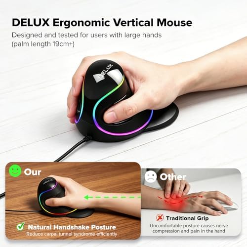 DELUX Ergonomic Vertical Mouse, Wired Ergo Mouse for Large Hands, 6 Programmable Buttons, Up to 12800 DPI, Removable Wrist Rest, Vibrant RGB Backlit, for Windows 7/8/10/XP/Vista (M618Plus RGB-Wired)