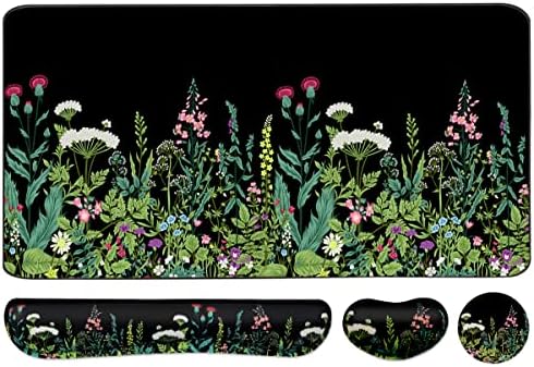 Keyboard Mouse Pad Set, Extended Mouse Pad+Keyboard Wrist Rest Support, Memory Foam Ergonomic Easy Typing, 3Pcs (35.4×15.7 in) Desk Pad Set for Home Office Study Game - Weeds