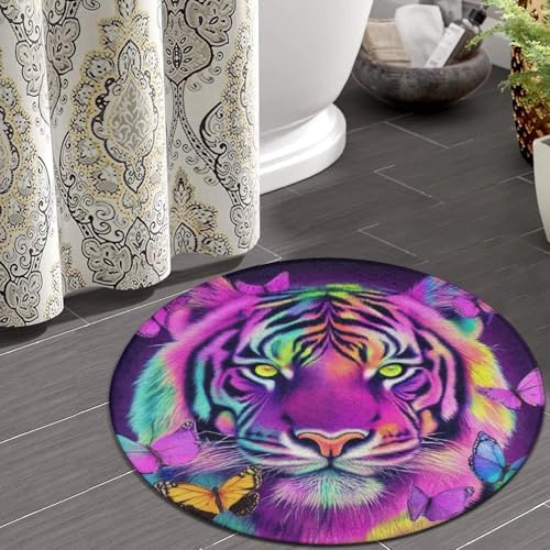 Machine Washable Modern Round Area Rug, Room Sofa Yoga Soft Round Carpet, Home Decor Non Slip Kitchen Office Circle Rug King of The Tiger Butterfly Art, 24inch