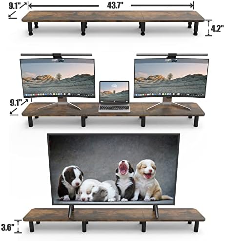 Dual Monitor Stand - 43.7 inch Extra Long Wide TV Stand - Wood & Steel Leg Desktop Riser - Desk Organization - Home Office (Vintage)