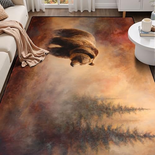 Serene Bear Among Pine Trees Ethereal Misty Landscape Area Rug Outdoor Patio Rug Play Mat Modern Floor Carpet Non-Slip Home Decor Living Room Kids Bedroom Nursery, 6x9 ft