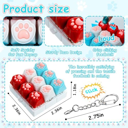 Cat Paw Keyboard Fidget Toy, Red White Blue Keyboard Fidget Keychain 9-in-1 Keyboard Decompression Button Finger Clicker Toys, 4th of July Fidget Toy ADHD Sensory Fidget Toys Stress Relief Gifts