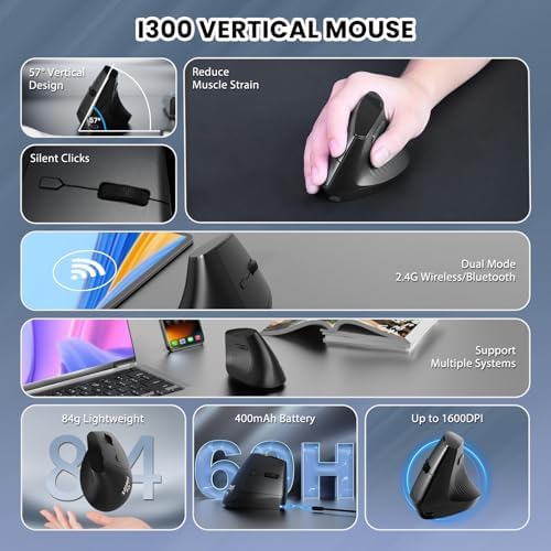 AJAZZ I300 Bluetooth and 2.4G Rechargeable Wireless Mouse,Ergonomic Vertical Design Optical Mouse Computer Mice,800/1200/1600 DPI,Quiet Clicks,84G Lightweight for Laptop, Desktop, PC, MacBook(Black)