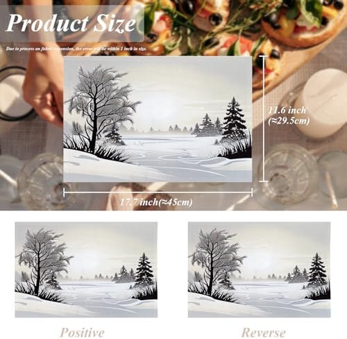 Shrahala Winter Landscape Set Of 4 12 X 18 Inch Linen Placemats , Grey And White Snow Fields Burlap Table Mat Washable Double Layered Heat Insulation For Indoor/Outdoor