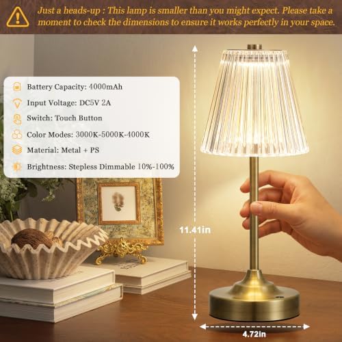 Bronze Cordless Rechargeable Table Lamp, Touch Battery Powered Lamp, 3 Color Modes, Crystal Acrylic Lampshade, Portable Ambient Night Light for Desk, Bedroom, Living Room, Dining Room, Kitchen, Bar