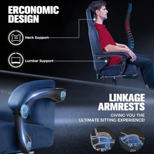 GTPLAYER Big and Tall Gaming Chair 400lbs Heavy Duty Office Chair with Foot Rest, High Back Pocket Spring Ergonomic Computer Chair for Adults, Wide Comfy Seated Cushion with Linkage Armrests, Blue