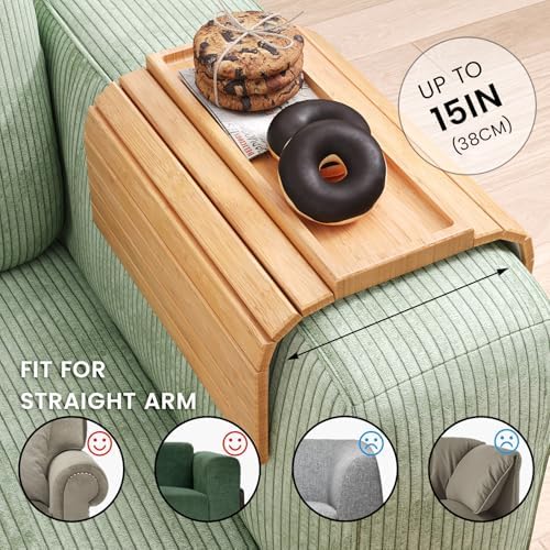 2 Pack Bamboo Folding Sofa Arm Tray with Anti-Slip Pad (Natural)