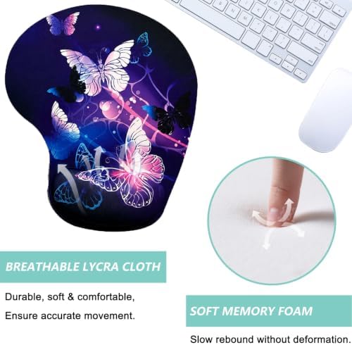 Mouse Pad with Wrist Support, Ergonomic Mouse Pads with Memory Foam Wrist Rest, Easy Typing Pain Relief, Comfortable Home Office Computer Wrist Support Pads for Working Studying Gaming, Butterfly