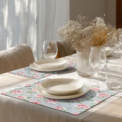 Shrahala Beautiful Flower Set of 6 12 X 18 Inch Linen Placemats, Beauty Blossom Bouquet Elegant Pastel Burlap Table Mat Washable Double Layered Heat Insulation for Indoor/Outdoor