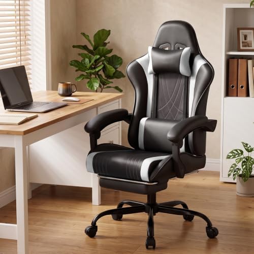 LUCKRACER Gaming Chair with Footrest, Pocket Spring Seat, 90°-135° Reclining Computer Chair with Linkage Armrests, Lumbar Support, Height Adjustment, SGS-Tested Gas Lift, 330 lbs Capacity, White