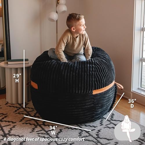 Big Joe Fuf 4Ft Foam Bean Bag Chair with Removable Cover for Kids, Teens, Black Licorice, Corded Plush, 4 Foot Large Reading and Gaming Seat