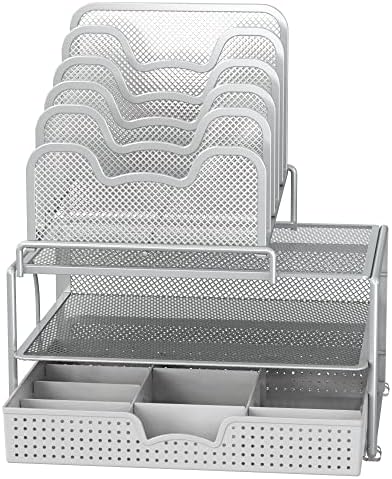 Simple Houseware Mesh Desk Organizer with Sliding Drawer, Silver