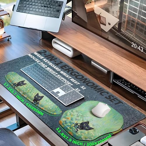 2-in-1 Ergonomic Set, Wave Keyboard Wrist Rest and Massage Slope Mouse Pad Wrist Support, Rebound Memory Foam for Relieve Carpal Tunnel Syndrome and Wrist Pain (Oil Painting Cats)