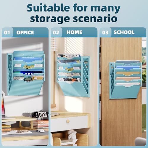 Marbrasse 5 Tier Wall File Organizer, Plastic Hanging File Holder for Mail, Magazines Paper Organizer Wall Mounted for Office Home (Blue)