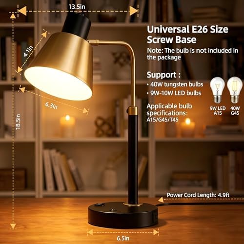 Adjustable Desk Lamp with Dual USB-C/A & AC Outlet 340° Swivel Lamp Head