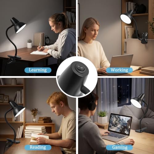 Clip On LED Desk Lamp, Flexible Arm, Eye-Caring Study Lamps for School Dorm