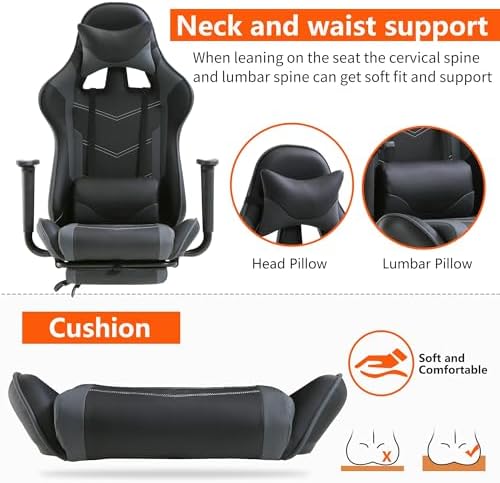 Gaming Chair, High Back PU Leather Gaming Chairs Computer Chair with Headrest & Lumbar Support, Height Adjustable Wide Seat Gaming Chairs for Adults, Game Chair with Footrest & Armrest
