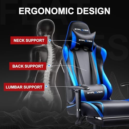 GTPLAYER Gaming Chair with Footrest, Ergonomic Computer Game Desk Chair, Reclining Gamer Chair Seat Height Adjustment, Swivel Rocker with Headrest and Lumbar (Blue)