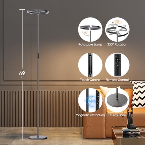 SIBRILLE Gunmetal Gray LED Floor Lamp - Rotatable Standing Lamp for Living Room Bedroom, 22W Dimmable Floor Readig Light with Touch/Remote Control, Modern Corner Lamp for Office, Brightness Adjustable