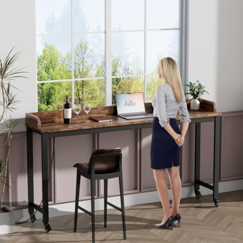 Ytaoka 70.8" Standing Desk with Charging Station, Extra Long Desk on Wheels for Standing and Sitting, Sofa Table Behind Couch with Power Outlets and USB Ports, Easy Assembly, Walnut