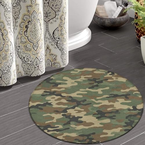 Machine Washable Modern Round Area Rug, Room Sofa Yoga Soft Round Carpet, Home Decor Non Slip Kitchen Office Circle Rug Green Camouflage Army Camo