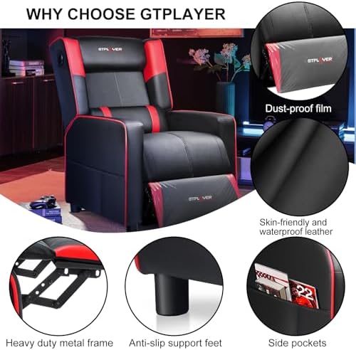 GTPLAYER Gaming Recliner Chair with Bluetooth Speakers Racing Style Single Gaming Sofa Modern Living Room Recliners Ergonomic Comfortable Massage Home Theater Seating, Red