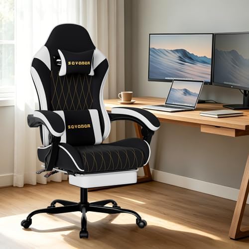 Breathable Fabric Gaming Chair with Footrest, Ergonomic High Back Computer Chair with Gold Diamond Stitching, Height Adjustable Swivel Office Chair with Lumbar Support for Adults,Blackwhite