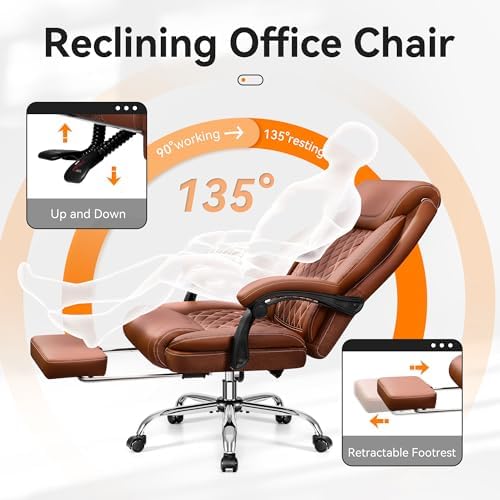 Office Chair, Executive Leather Chair Adjustable High Back, Ergonomic Computer Desk Chair Lumbar Support, Big and Tall Office Chair with Footrest, Comfy Reclining Chair for Home Office