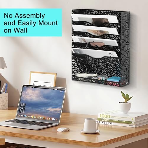EasyPAG Desk File Organizer Heavy Duty Metal Wall Mount File Holder 5 Tier Mail Paper Folder Holder with Bottom Tray for Office Home Cubicle Countertop, Black
