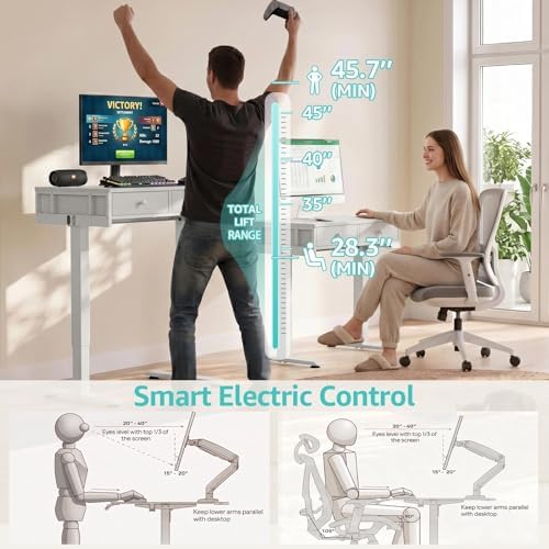 White Electric Standing Desk with Drawers, 32 Inch Small Adjustable Desk with Storage, Stand Up Computer Study Writing Desks for Small Space Home Office Bedroom, Sit Stand Work Desks for Walking Pad
