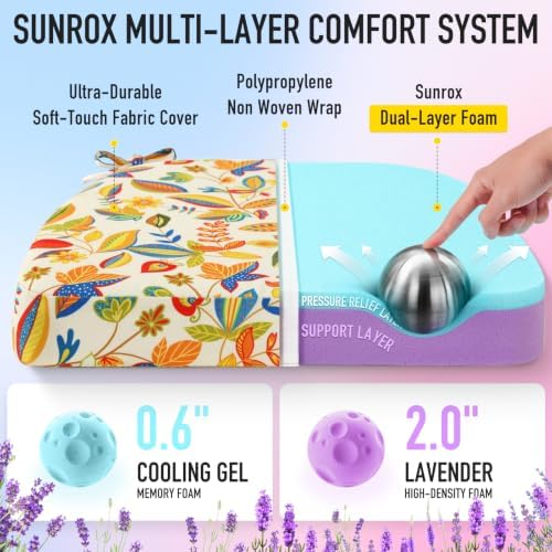 SUNROX Cooling Gel Memory Foam Chair Cushions, 2.6" Thick U-Shaped Dual-Layer Comfort Dining Chair Pads, Non Slip Seat Cushion with Ties for Indoor Kitchen Office 17"x16" Set of 8, Beige Floral Leaf