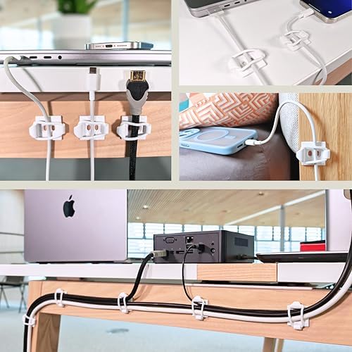 [Made in the UK] 10-Pack Adjustable Elastic Adhesive Cable Clips, Wire Management Holder, Cord Organizer for Home Office, Under Desk, Behind TV, Phone Charger, Laptop, PC, HDMI, USB (White)