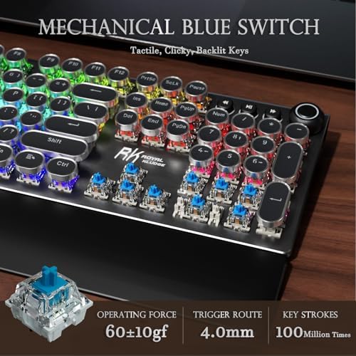 RK ROYAL KLUDGE X108 Typewriter Keyboard with Knob, Wired Mechanical Gaming Keyboard, 108 Keys RGB Backlit Sidelight, Detachable Wrist Rest, Retro Round Keycaps Blue Switches - Shadow Black