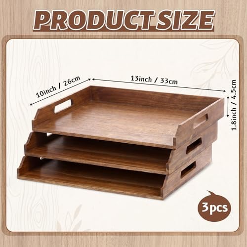AceOrbit 3 Pcs Stackable Paper Tray Acacia Wood Desk Organizer Letter Tray