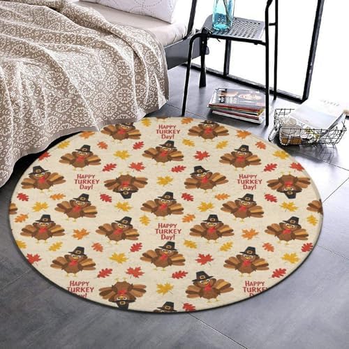 Fashion Round Area Rug Large Non Slip Carpet Unisex Home Decor Mat Cute Thanksgiving Turkey Art, 60inch