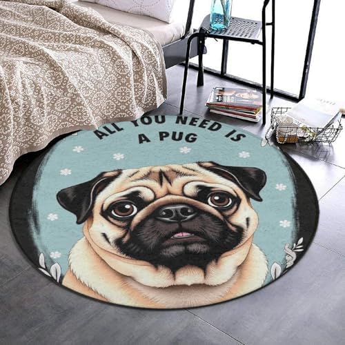 Men's Large Home Decor Mat, Soft Round Yoga Carpet, Non Slip Machine Washable Home Office Circle Rug Cute Puppy Pug