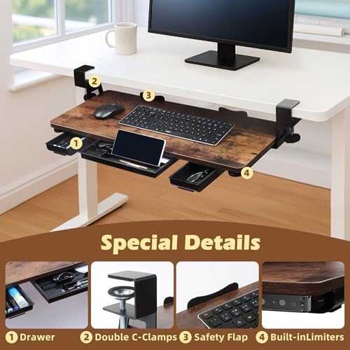 Large 26.77" Keyboard Tray Under Desk with Storage Drawer - Heavy Duty C-Clamp Mount, Ergonomic Computer Keyboard Stand for Home Office, Easy Install (Mahogany)